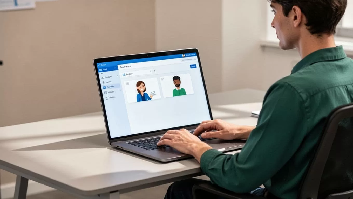 Modern illustration featuring an admin at a desk with laptop showing simplified Gmail delegation interface granting access to two team member avatars, using clean blues and greens, relaxed pose, neutral background.
