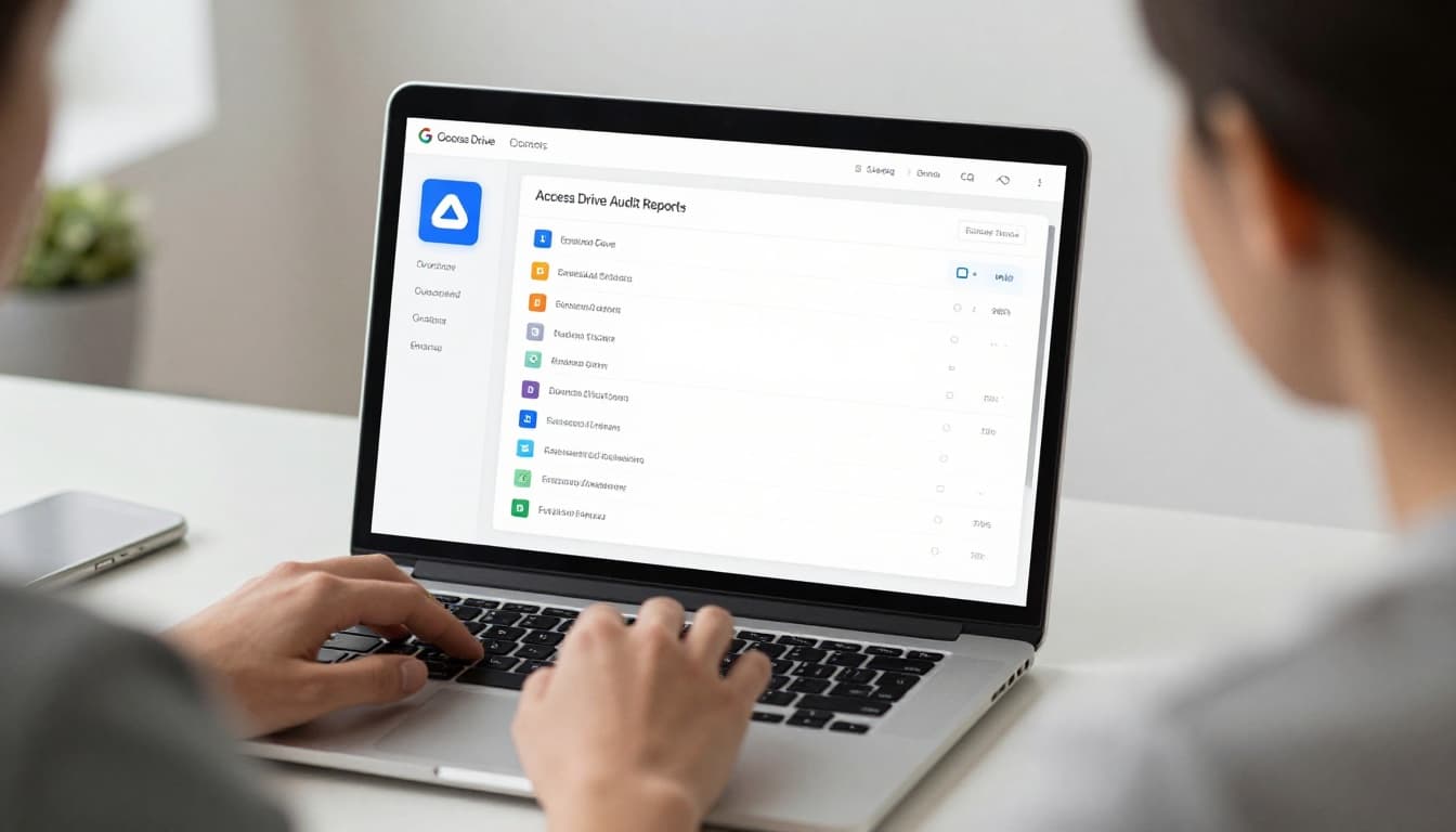 Modern illustration of a small team admin reviewing the Google Drive sharing dashboard on a laptop screen in a clean office desk setting. The focused composition highlights sharing reports with external users, using soft natural lighting and clean shapes.