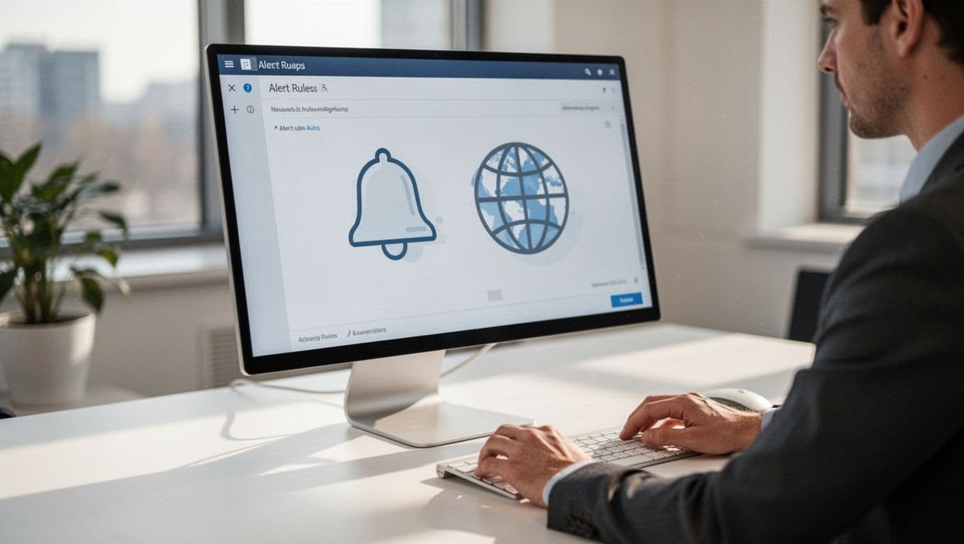 Modern illustration of an administrator configuring Google Workspace alert rules on a desktop screen, with abstract icons representing notification bell, security shield, and globe for suspicious logins, in clean blue and gray tones.