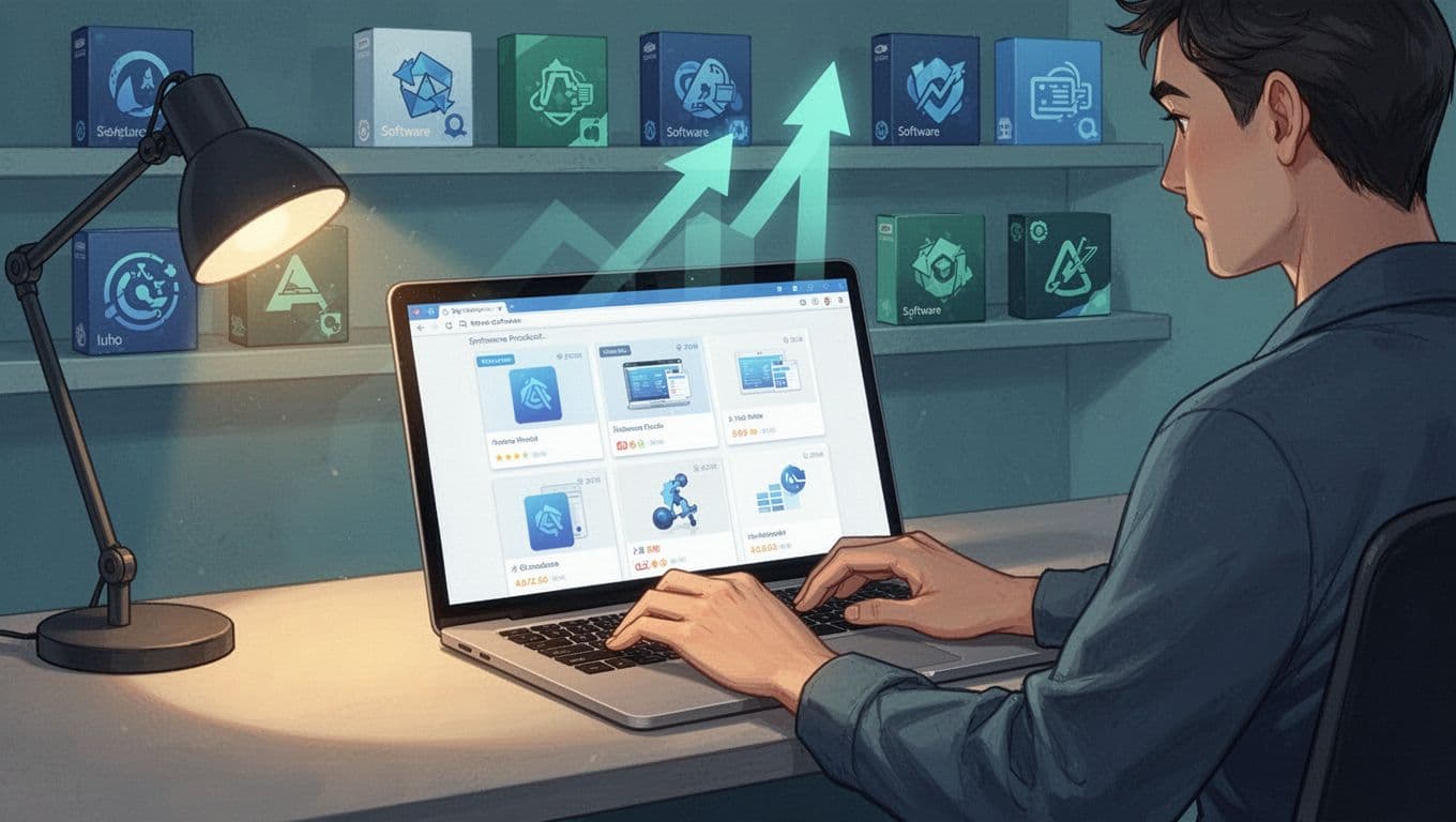 Modern illustration of an affiliate marketer browsing product pages on a laptop, with shelves of digital product icons like software boxes in the background and an upward trend arrow overlay, using clean shapes in a blue-green palette.