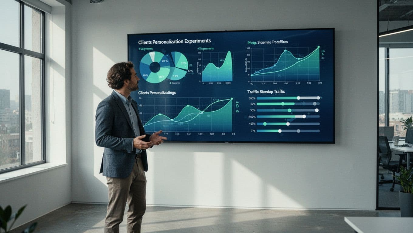 An agency team member in a modern office relaxes while viewing a large screen dashboard that displays multiple client personalization experiments, charts, segments, A/B test results, and traffic allocation sliders in a clean blue-green palette.