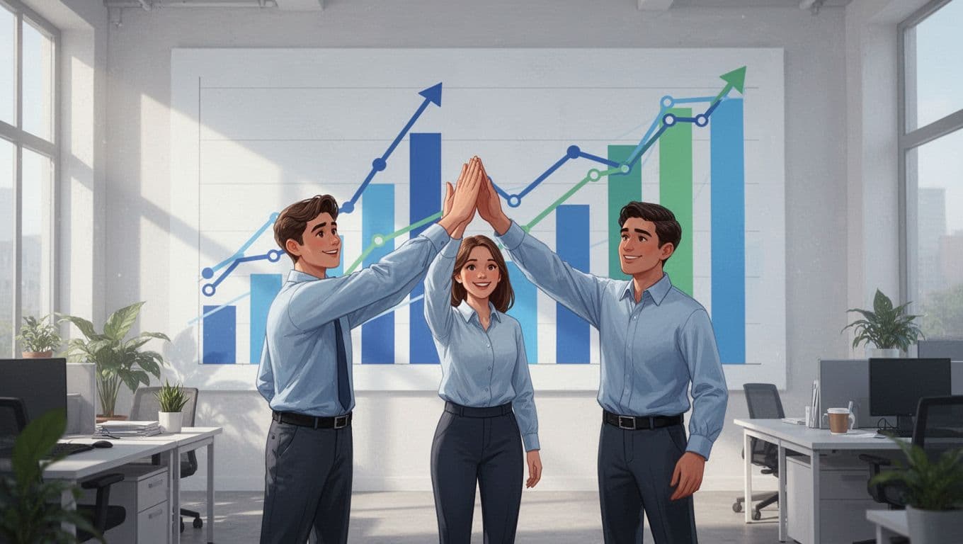 Three people high-five in modern office with upward revenue and placement charts on wall.