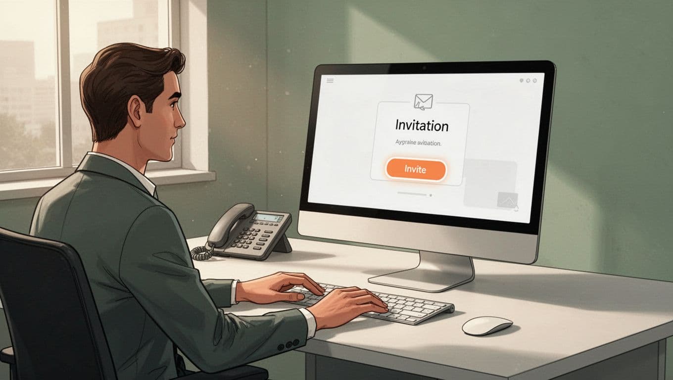 Agency owner at office desk with phone and keyboard views Transistor.fm screen showing invite button.
