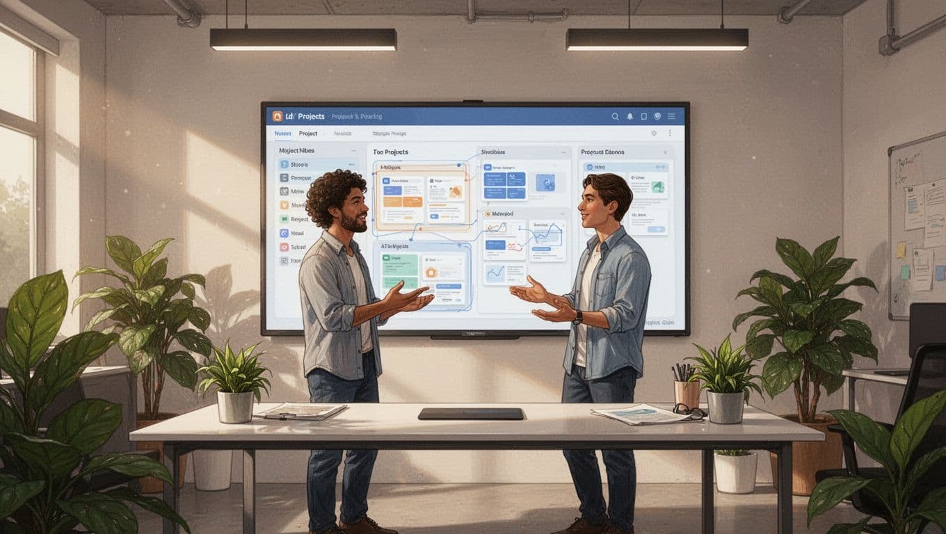 Modern illustration of two professionals in an agency office discussing customer projects on a shared CRM board displayed on a wall screen, in a contemporary workspace with plants and warm lighting.