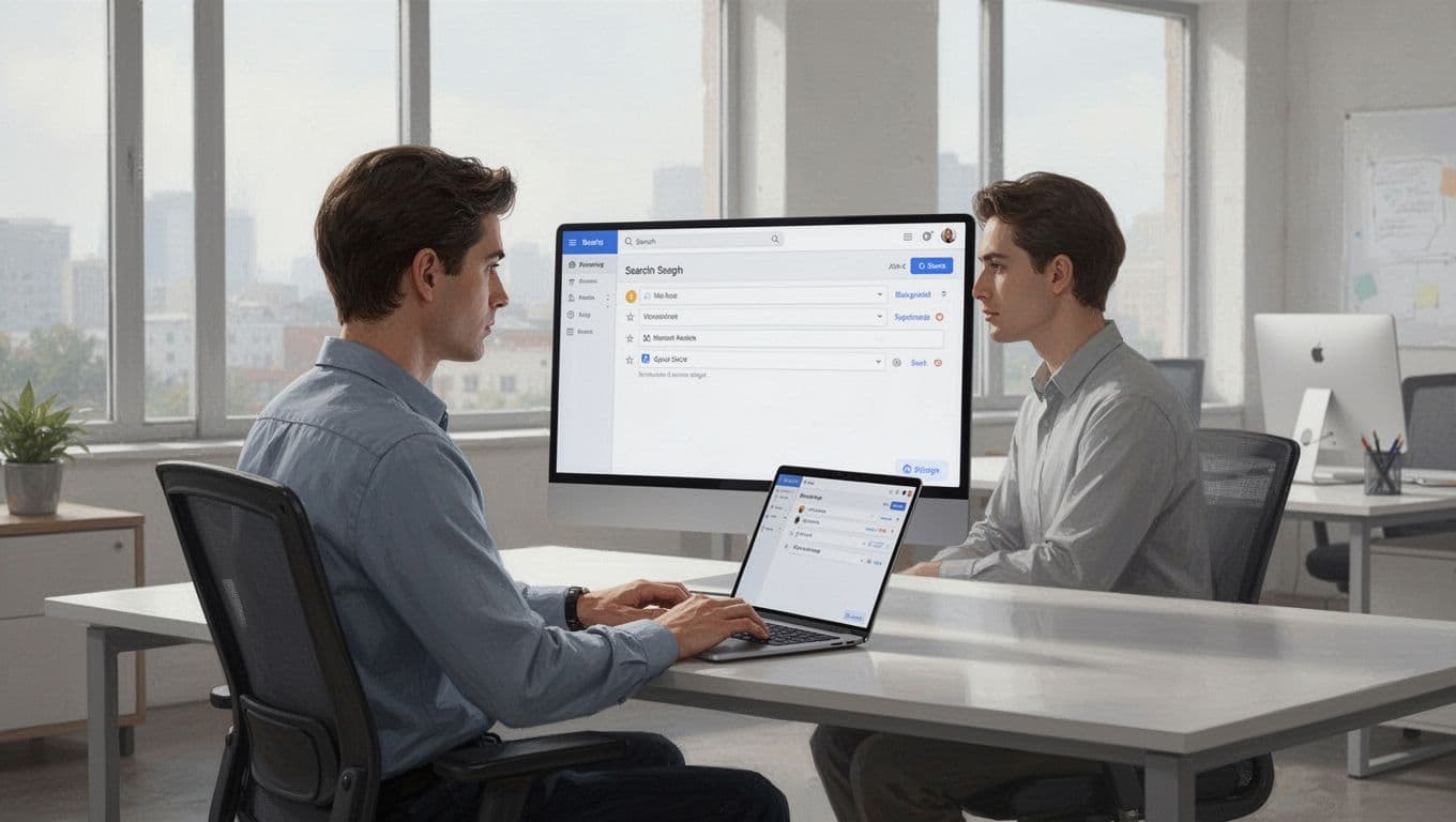 Modern illustration of an agency team at desks with laptops, one person searching emails on Hunter.io interface in a clean office with soft natural lighting and focused workflow composition.