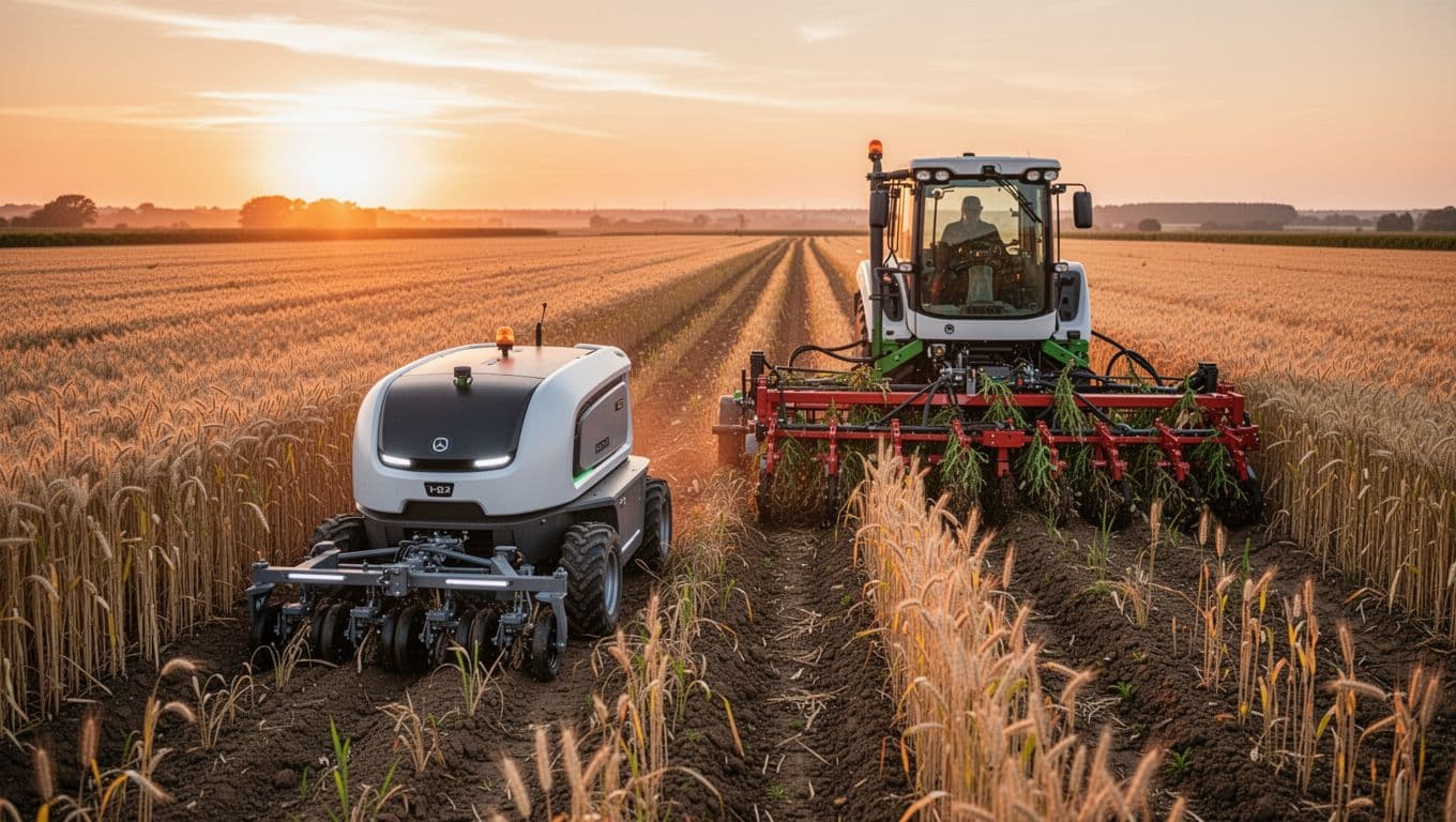 Modern illustration of one weeding robot and one harvesting robot working in a crop field at sunset, with clean shapes and warm orange tones.