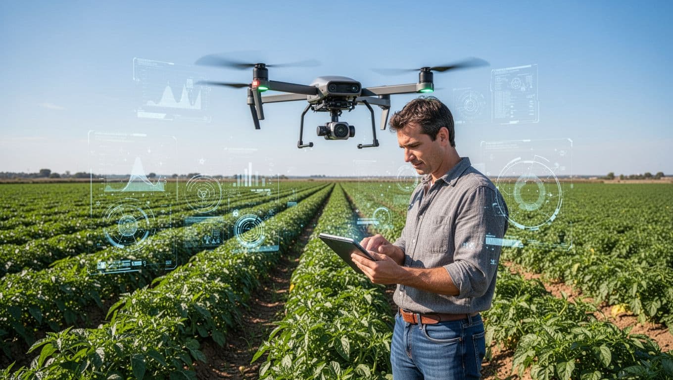 Modern illustration of a farmer in vibrant green fields under a blue sky, using a drone and AI sensors on crops with faint data graphs overlay. Clean shapes, controlled colors, strong composition with exactly one farmer, one drone, and one tablet.