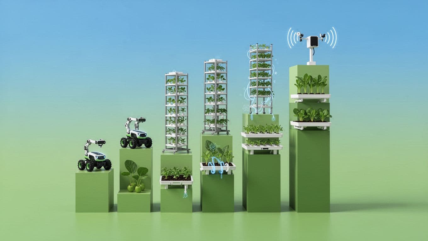 Modern illustration featuring upward exploding graphs with icons of precision agriculture robots, vertical farming, hydroponics, and AI crop monitoring on a simple blue-to-green gradient background.