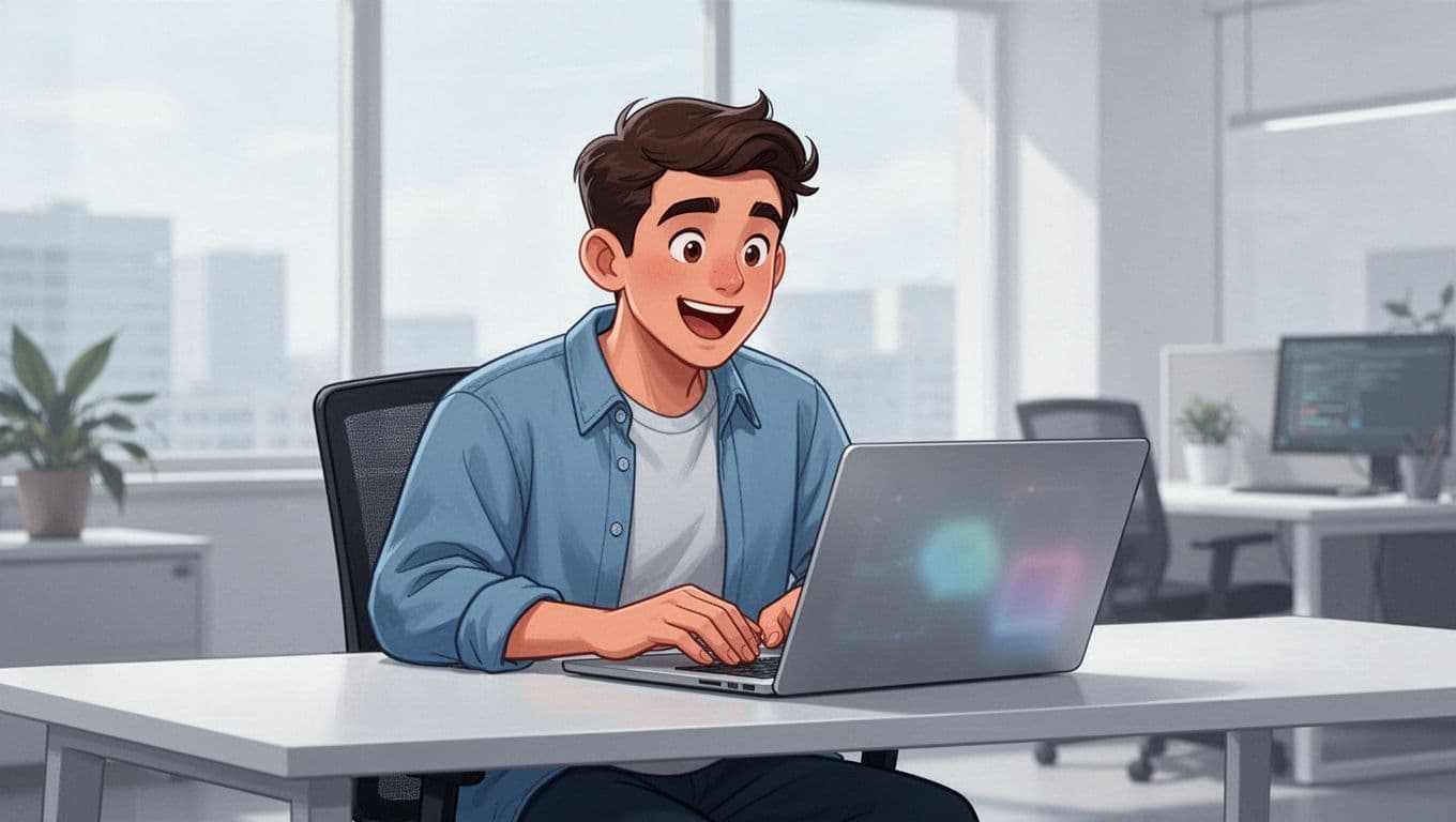 One marketer in casual attire at a modern desk in a bright office, laptop displaying blurred AI A/B testing interface with variation previews from a text prompt, excited focused expression emphasizing workflow automation in modern illustration style.