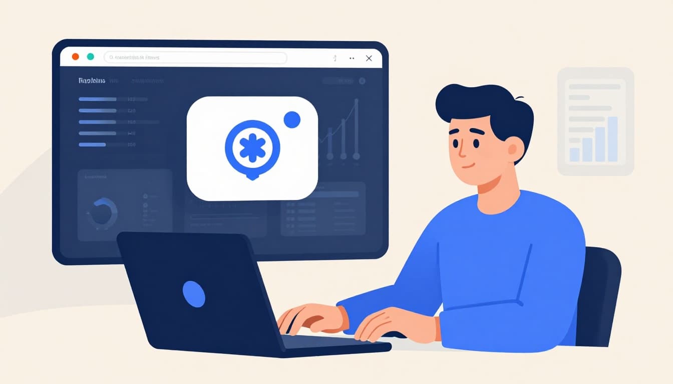 Modern illustration featuring an AI assistant icon floating near a browser, a professional typing on a laptop with subtle data analysis charts in the background, capturing an efficient work scene.