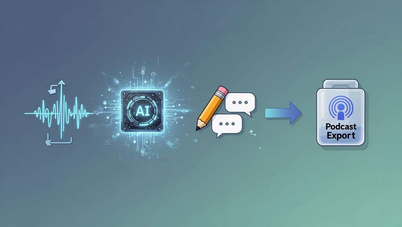 Modern illustration with step-by-step icons illustrating upload audio, AI processing, edit captions, and export to Transistor.fm, using clean shapes in a controlled blue and green palette with horizontal flow composition.