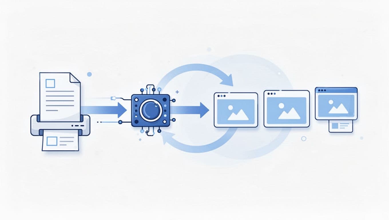 Workflow diagram illustration of repurposing a blog post into a LinkedIn carousel using AI, with arrows connecting blog icon to text input to generated slides on white background with blue accents.