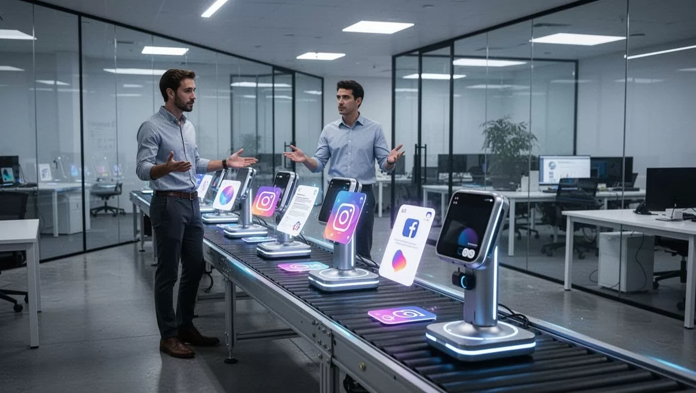 Illustration of a business owner overseeing automated AI stations producing articles, posts, and graphics on conveyor belts in a modern office, showing scalable content creation without extra staff.