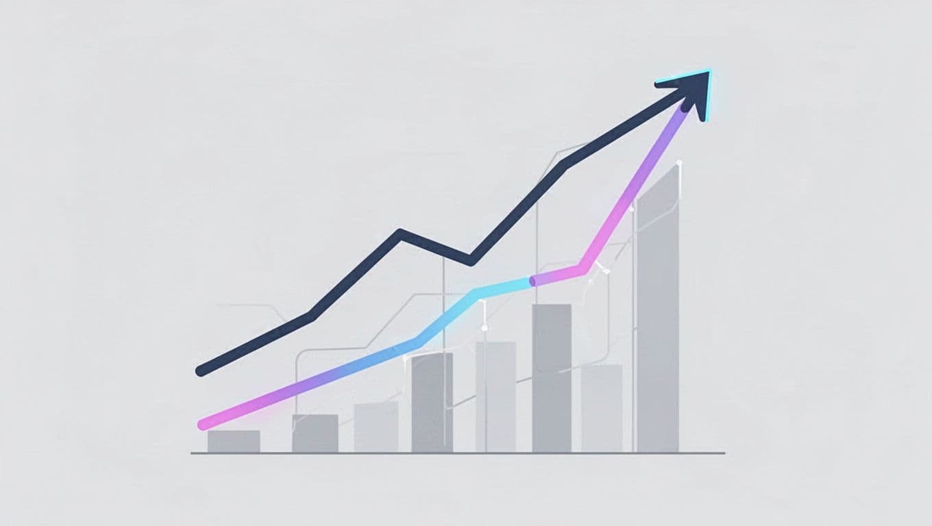 Modern illustration featuring charts that compare the explosive search volume growth for AI cybersecurity and automation services, with simple upward-trending graph lines on a neutral background.