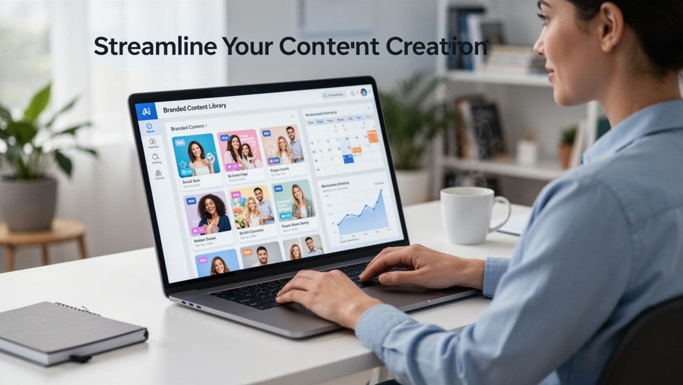 Modern illustration of a single professional at a desk in a home office viewing an AI-powered dashboard with branded content library thumbnails, social posts, calendar, and analytics charts in blues and whites.