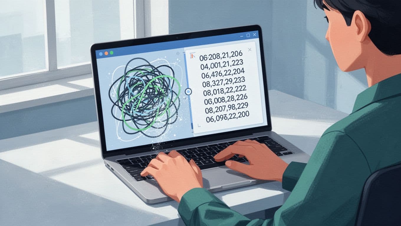 Modern illustration of a person using Numerous.ai add-on on Google Sheets to clean inconsistent date formats via natural language prompt, with laptop screen showing abstract before-after data transformation in blues and greens.