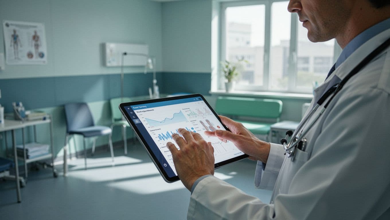 Modern illustration of a doctor in a clinic reviewing patient data on a tablet powered by specialized AI, with focused composition on the professional and softly glowing device screen in blues and greens.