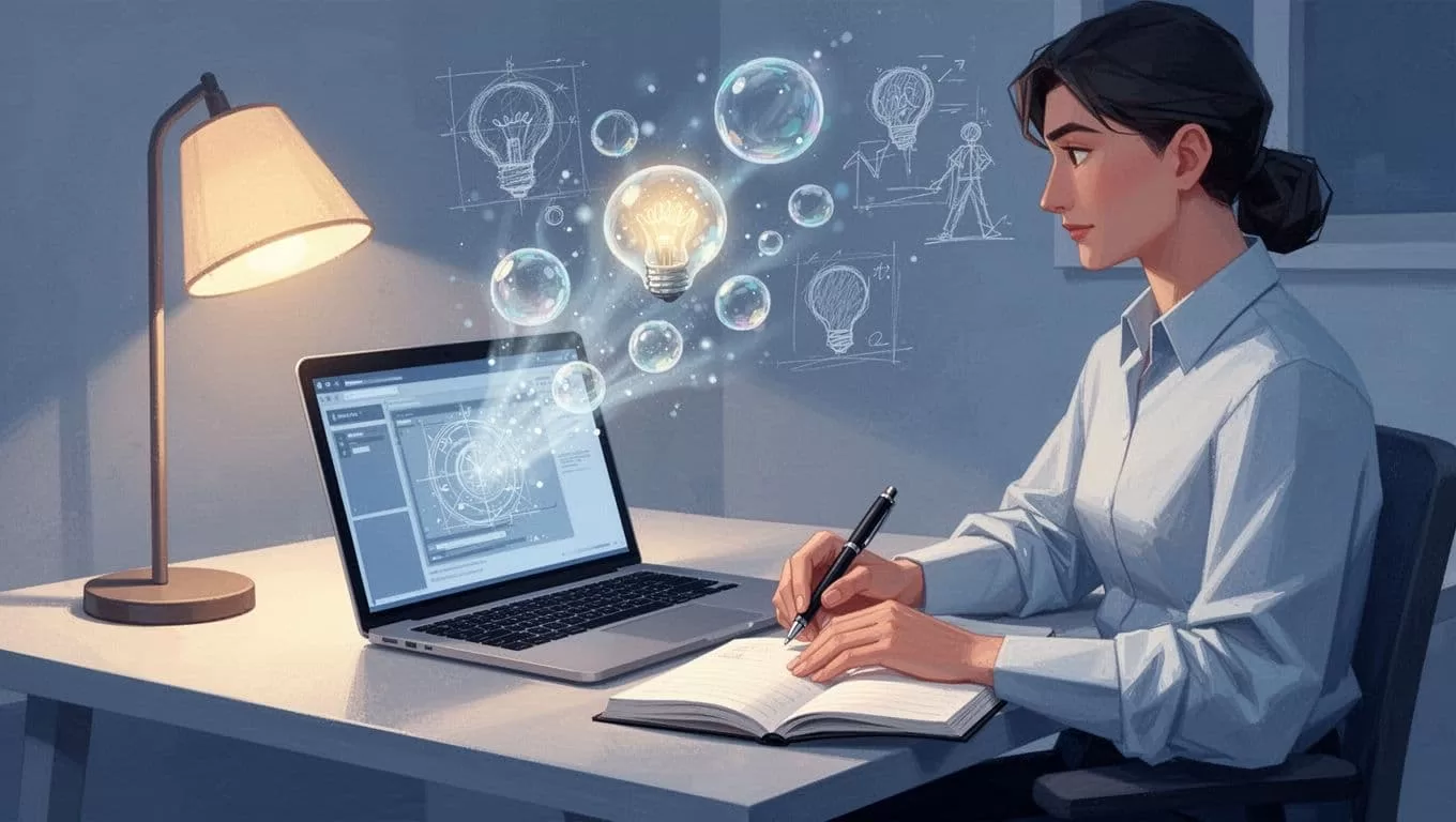 A single creative professional in a cozy workspace surrounded by floating idea bulbs and outline sketches emerging from an AI laptop screen, with an open notebook and pen under warm lamp light.