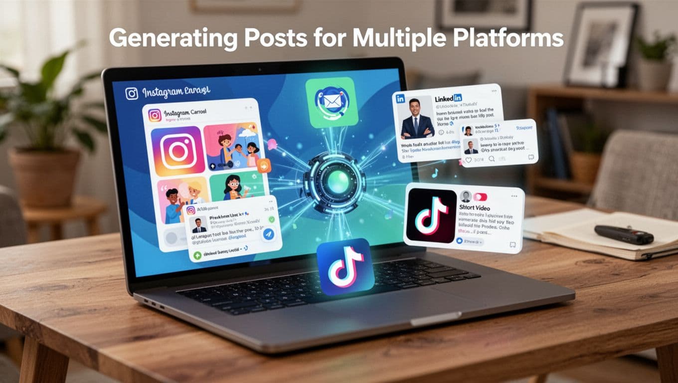 Laptop on wooden table in cozy home office with screen showing AI generator producing Instagram carousel, LinkedIn post, and TikTok video previews from a central hub.