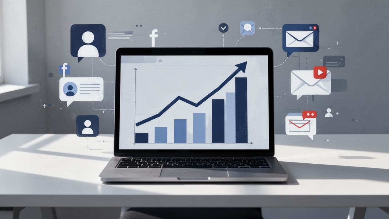 Modern illustration of upward trending line graphs and bar charts displaying sharply rising marketing metrics like engagement and conversions, with icons for social posts, emails, and ads, set on a clean desk with a laptop.