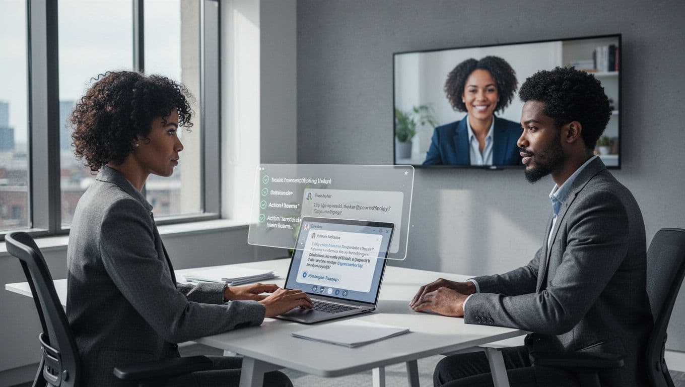 Illustration of diverse professionals in a hybrid meeting setup, with some in office and others on video screens, featuring a subtle AI note-taking interface on a laptop showing transcript summary and action items.