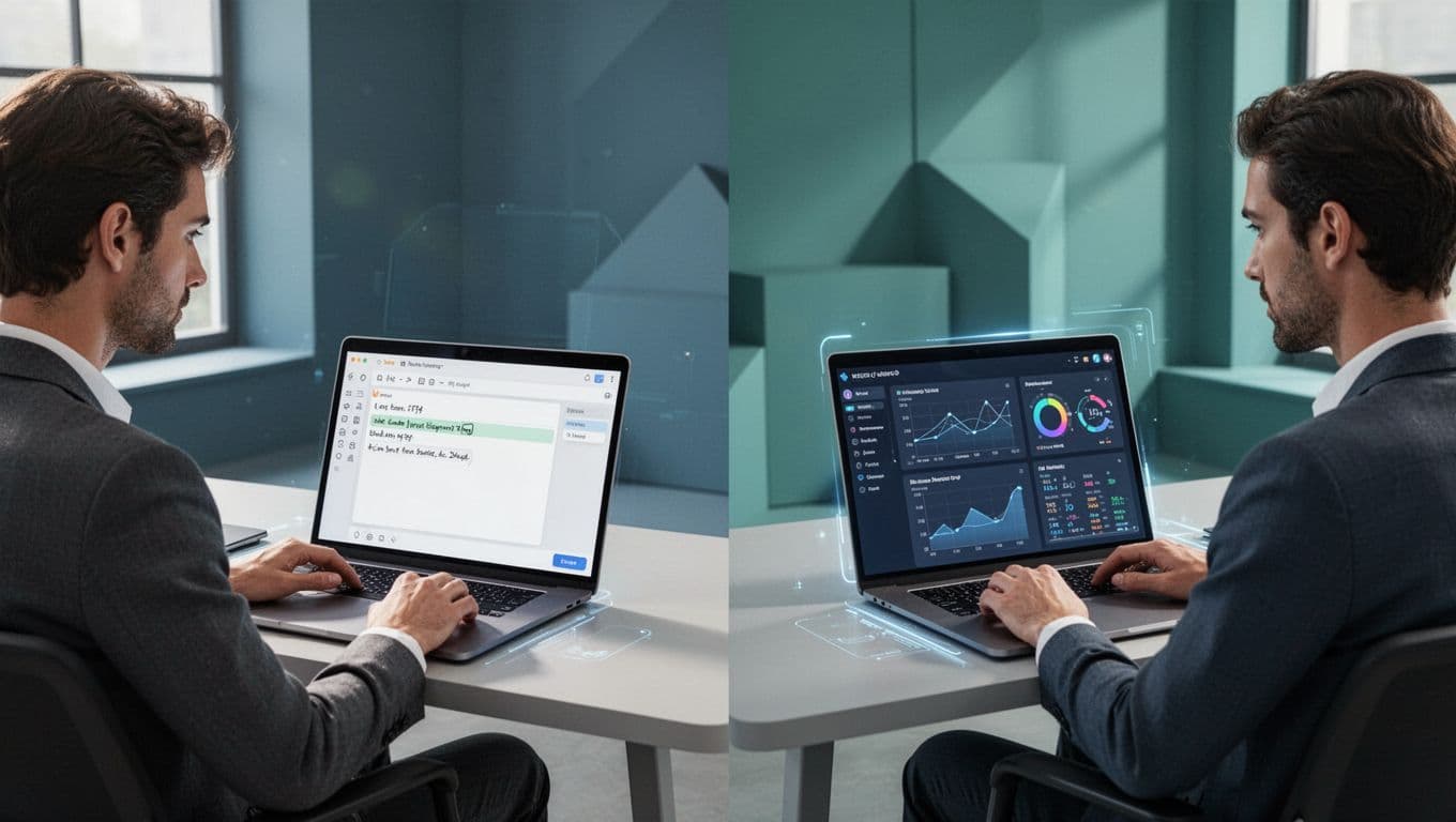 Modern illustration depicts two professionals in a virtual meeting room on laptops: one using Otter AI for real-time notes, the other viewing Fireflies AI dashboard, in a clean split-screen composition with blue and green palette.