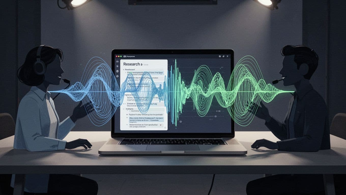 Modern illustration featuring a laptop screen where research notes transform into dynamic AI-generated podcast waveforms with abstract host figures, set on a desk in dim studio light using blues and greens palette.