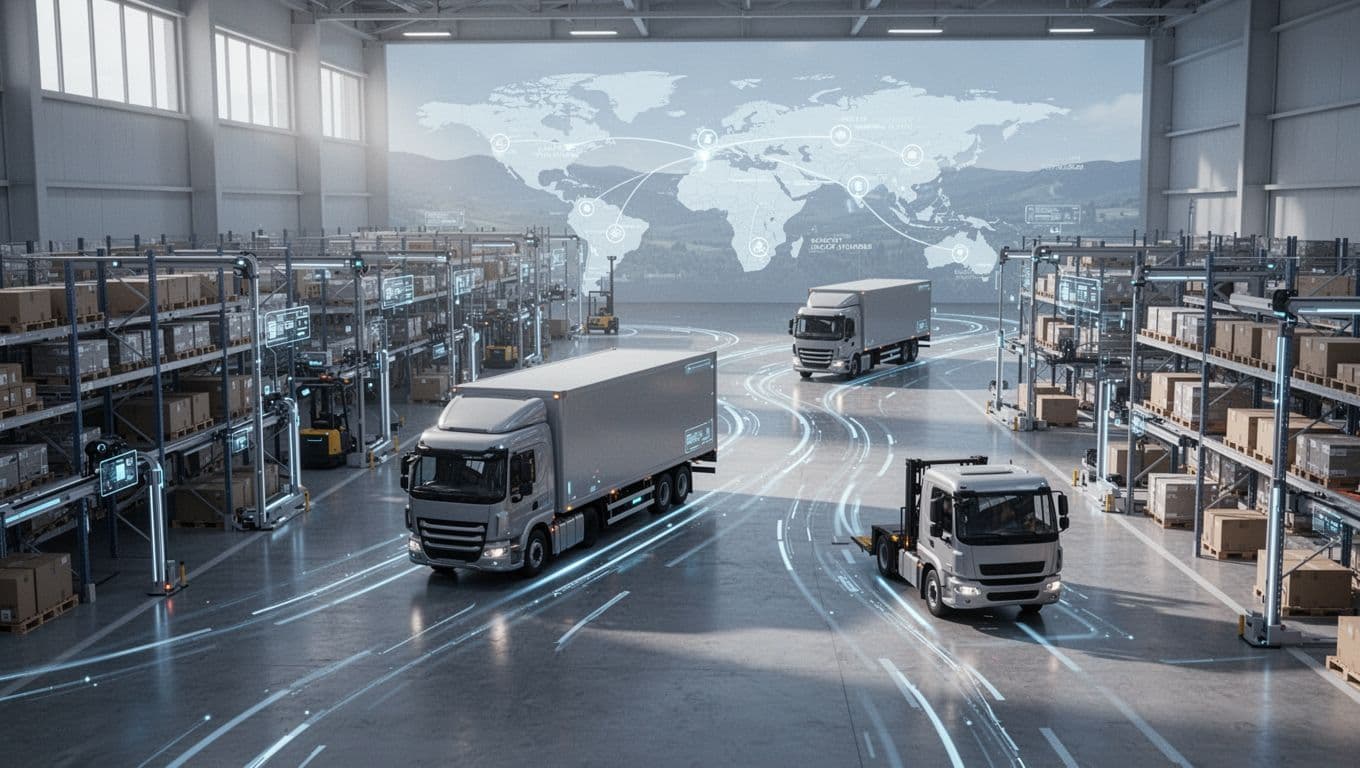 Modern illustration of logistics trucks on optimized routes with subtle AI overlays, featuring an automated warehouse, connected fleet vehicles, and a supply chain map in the background under soft daylight.