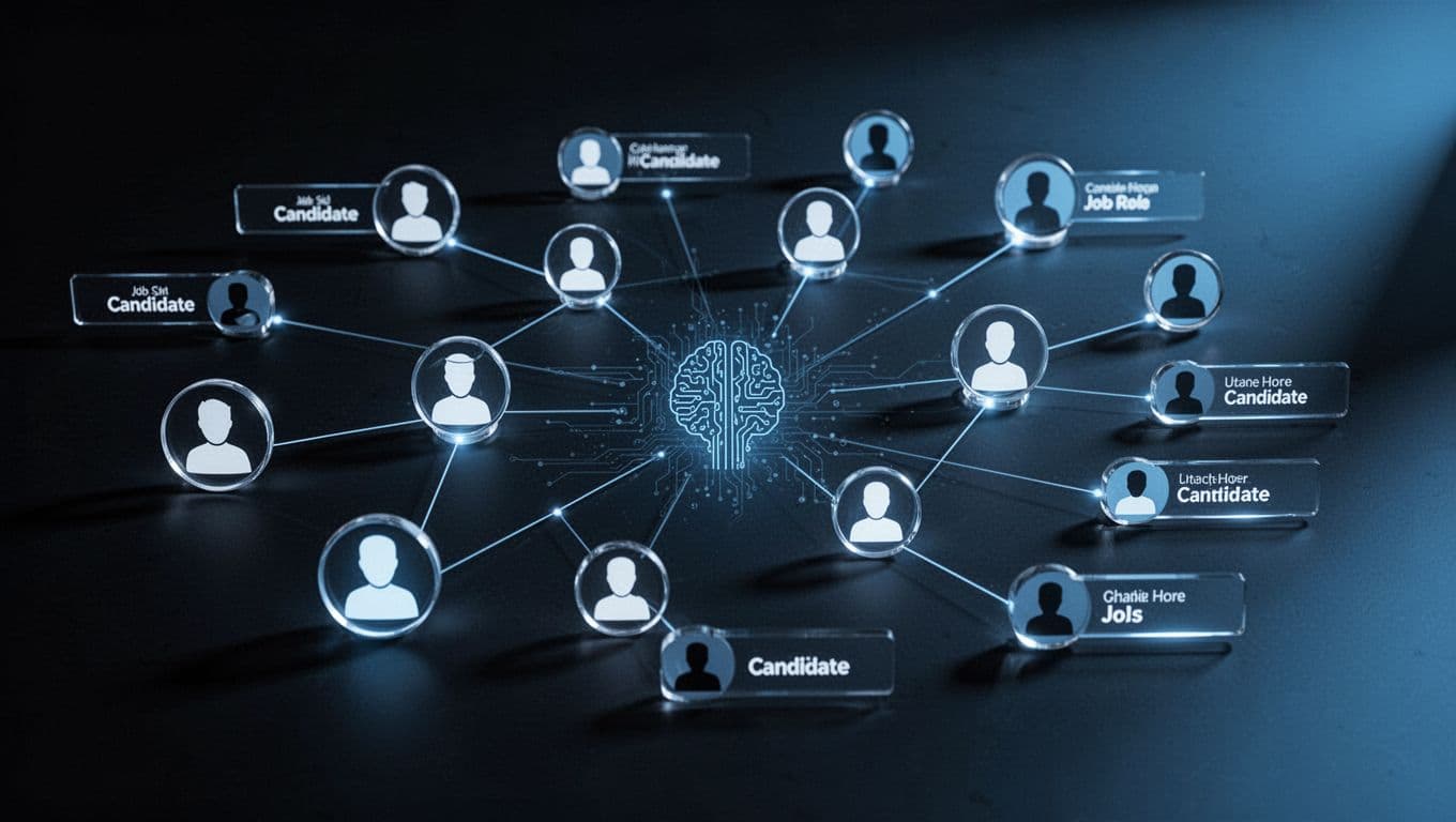 Abstract illustration of interconnected LinkedIn profiles as nodes in a glowing network connecting candidates to job roles, with a subtle central AI tool icon on a dark background with blue highlights.