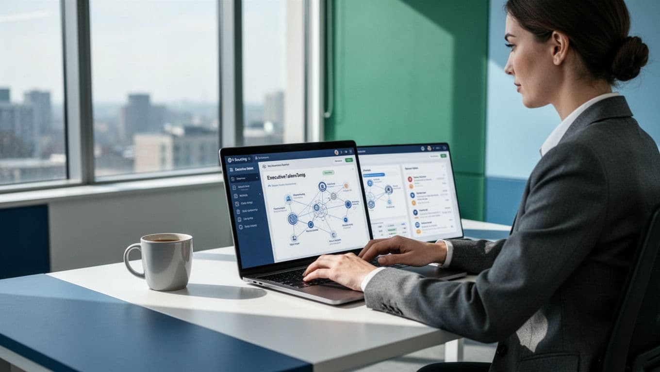 Modern illustration of a recruiter using an AI sourcing tool on a laptop to map executive talent from LinkedIn profiles in a clean office environment with a coffee mug nearby.