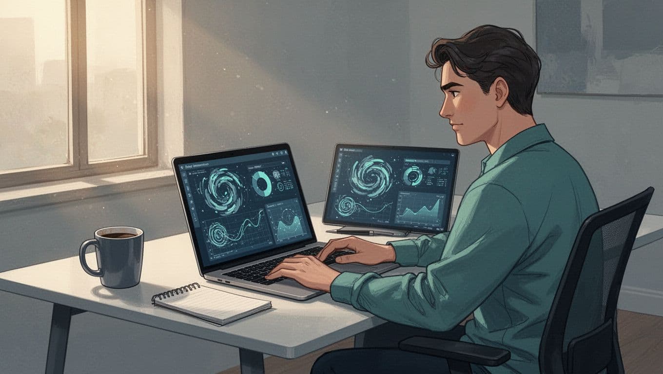 Modern illustration of a focused person in a home office using AI on a laptop to summarize a report, with screen showing swirling text compressing into charts and arrows, coffee mug and notepad nearby.