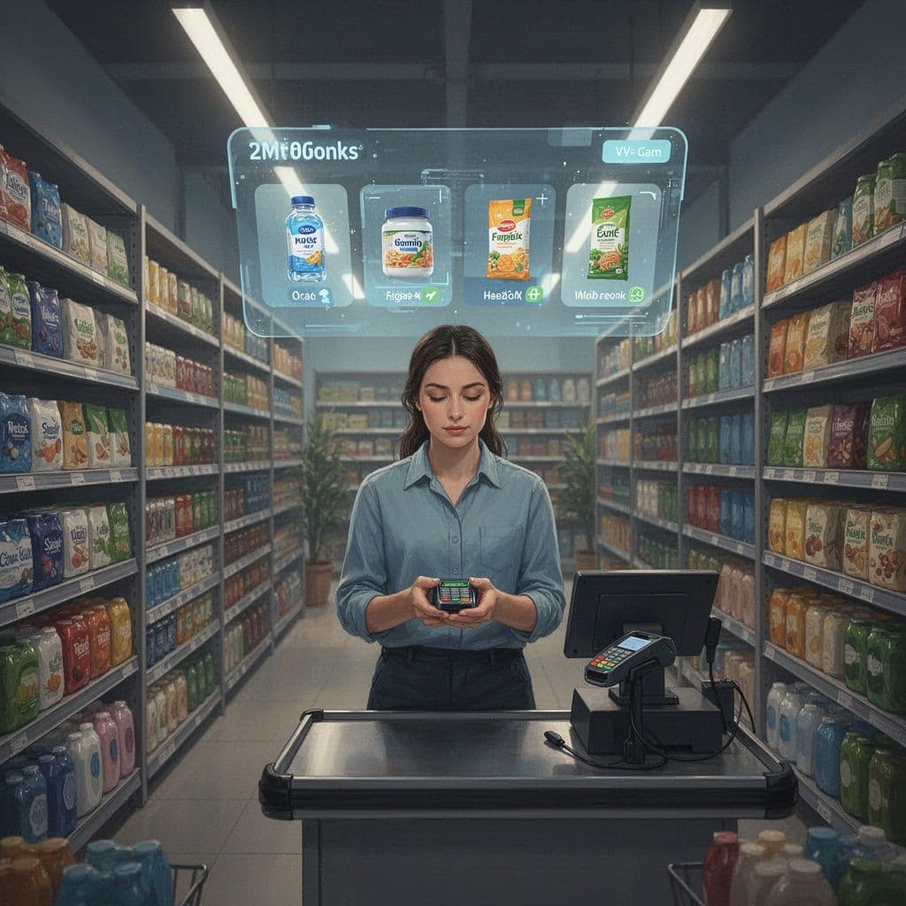 Modern illustration of a single shopper at checkout in a bustling retail store with floating personalized product recommendations on a screen above, shelves neatly stocked, blues and greens tones, warm lighting.