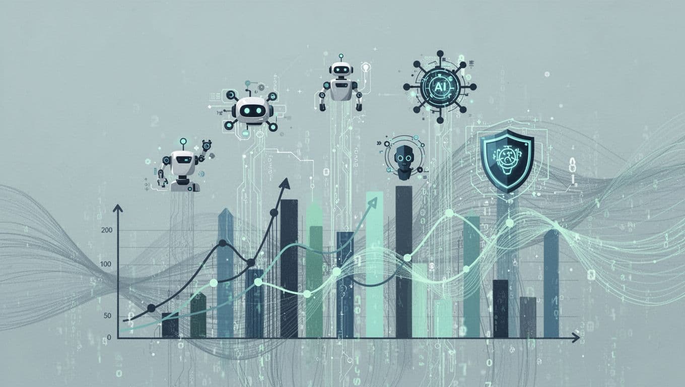 Modern abstract illustration featuring rising graphs and icons for AI, robotics, and cybersecurity trends in a clean blue-green palette with dynamic upward arrows and subtle data flow lines.