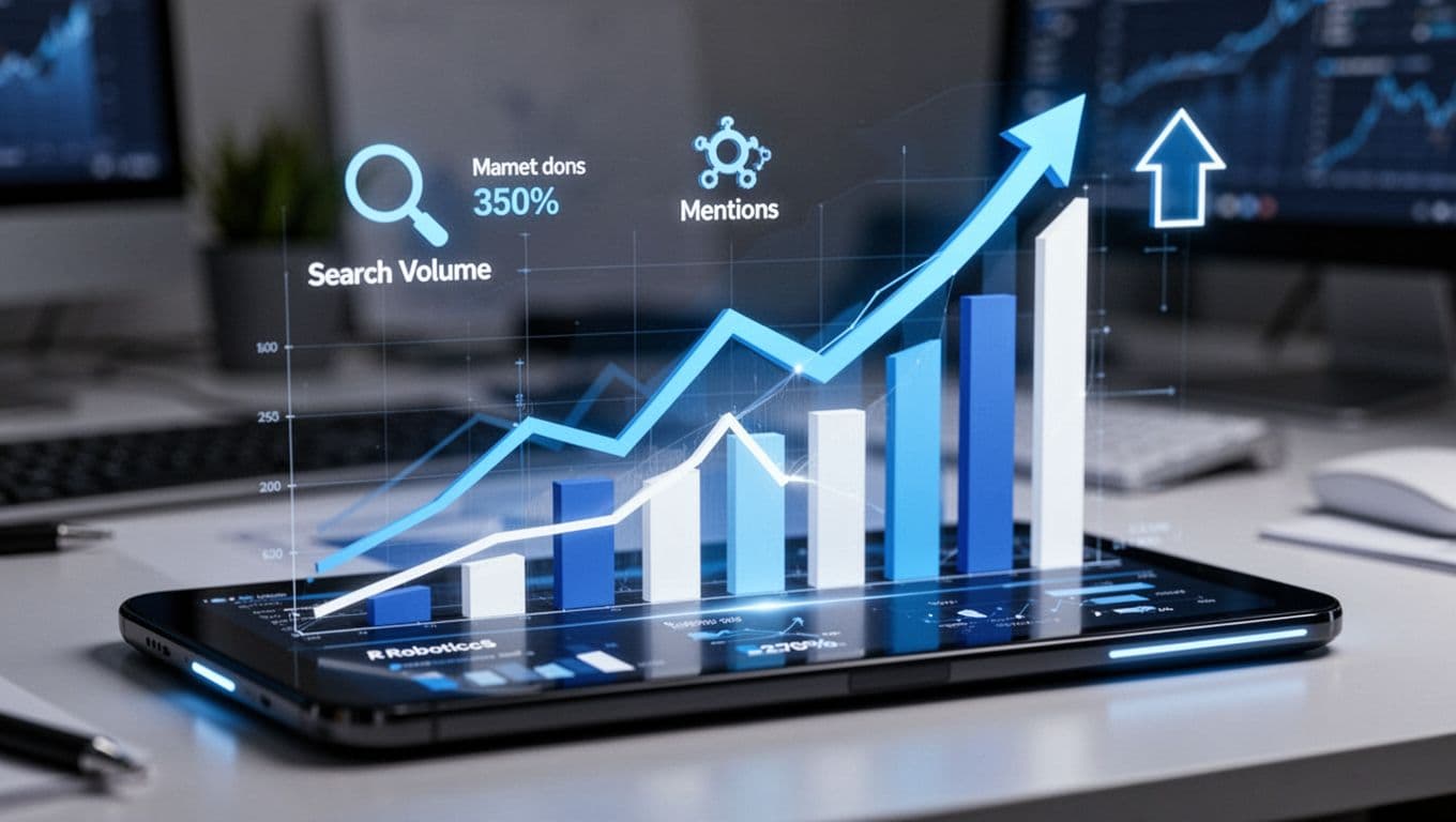 Modern illustration of a digital dashboard showing explosive growth charts for AI and robotics trends, with simple icons for search volume and mentions, upward arrows, in a clean blue and white palette against a blurred professional workspace.