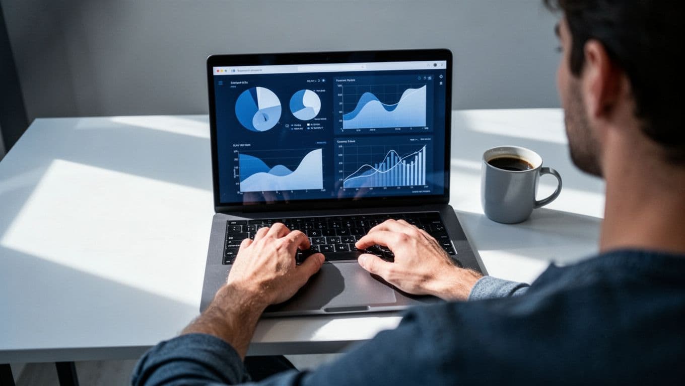 A professional workspace desk with a laptop displaying a social media dashboard, coffee mug nearby, modern illustration style with clean shapes and blues-whites palette, focusing on screen and relaxed hands on keyboard.