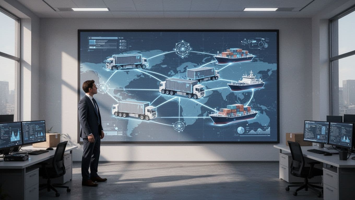 Modern illustration of a glowing supply chain network map with AI prediction overlays, connecting warehouse trucks and ships, viewed by a single logistics manager on a large screen in a control room.