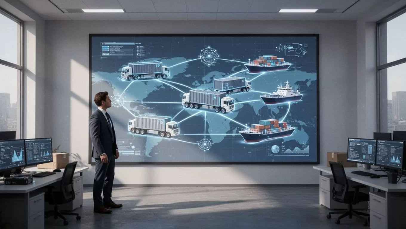 Modern illustration of a glowing supply chain network map with AI prediction overlays, connecting warehouse trucks and ships, viewed by a single logistics manager on a large screen in a control room.