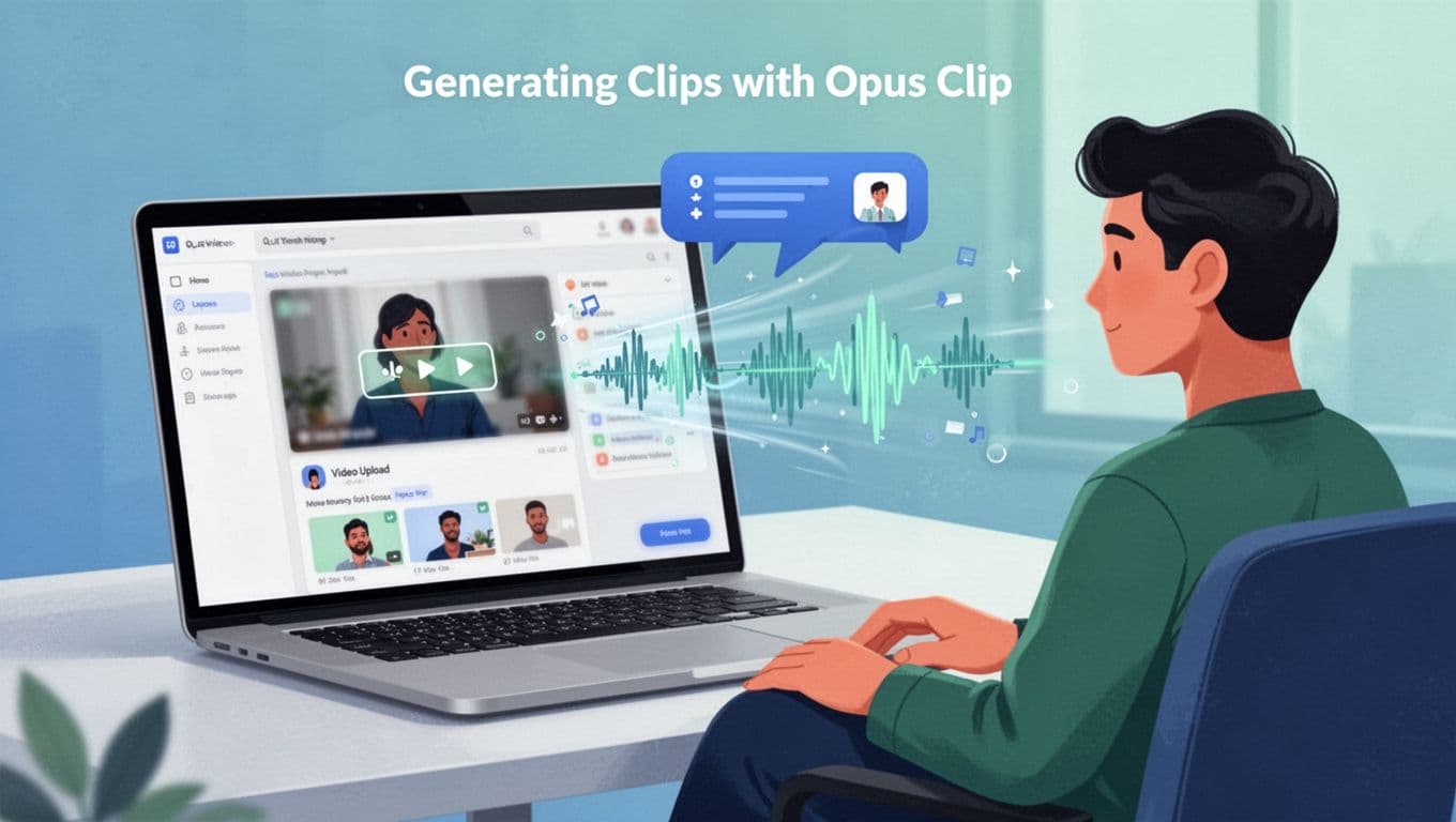 Modern illustration of a laptop screen displaying a blurred AI tool interface for video upload and clip generation, with speech bubbles and waveforms emerging, viewed by a single seated creator in a clean blue-green palette.