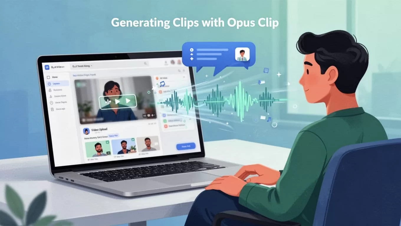 Modern illustration of a laptop screen displaying a blurred AI tool interface for video upload and clip generation, with speech bubbles and waveforms emerging, viewed by a single seated creator in a clean blue-green palette.