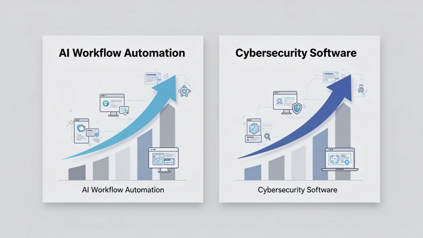 Modern split-screen illustration showing charts of explosive growth in AI workflow automation and cybersecurity software categories, with upward arrows and simple icons on a neutral background.