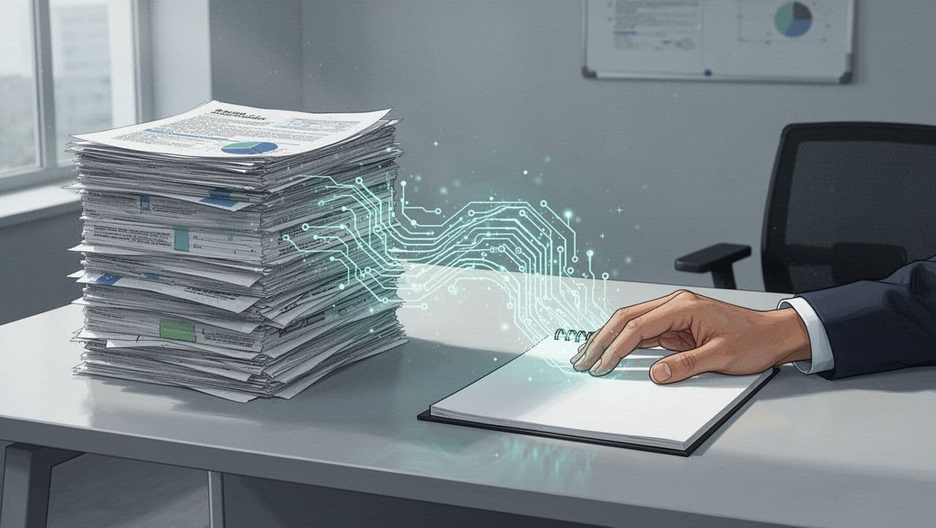 Modern illustration of a cluttered desk left side with stacked reports transforming via glowing AI circuit waves to a clean notepad on the right, one relaxed hand on the notepad, in a simple office setting.