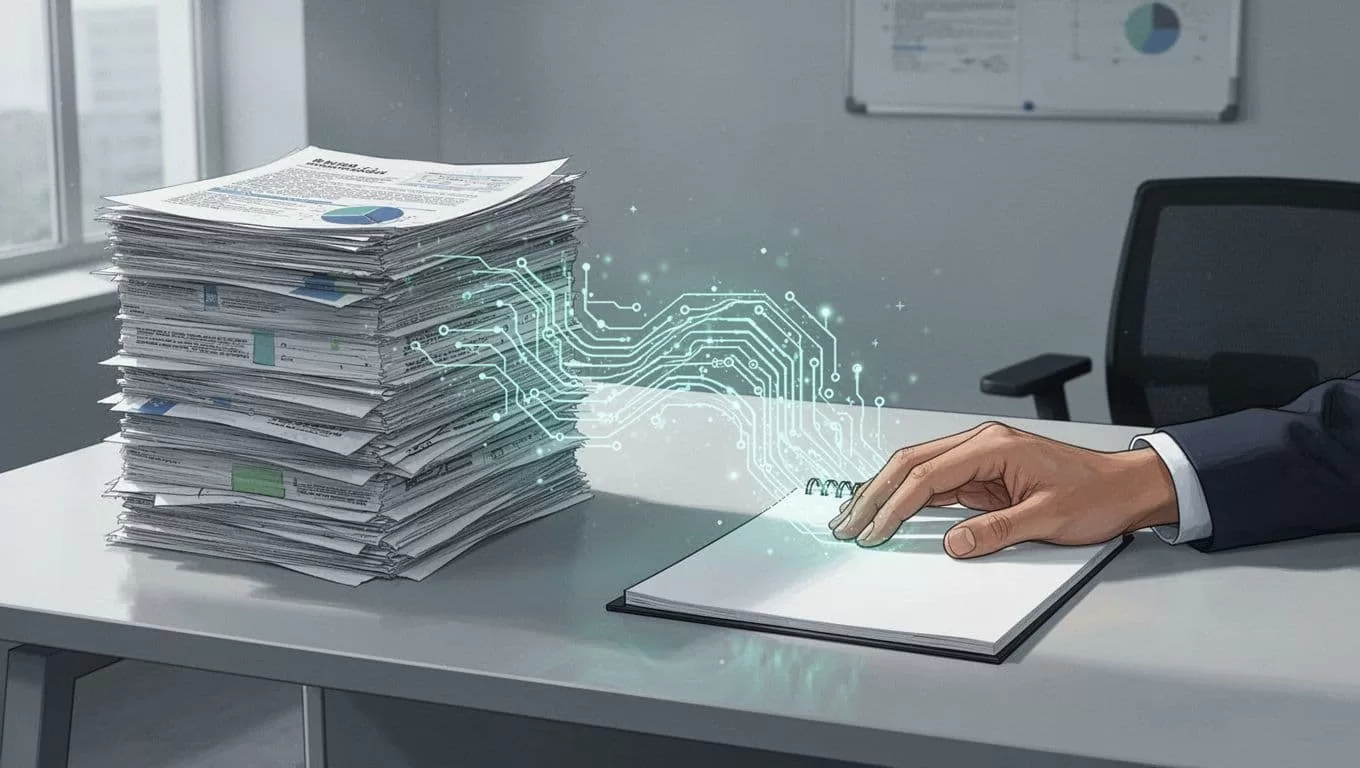 Modern illustration of a cluttered desk left side with stacked reports transforming via glowing AI circuit waves to a clean notepad on the right, one relaxed hand on the notepad, in a simple office setting.