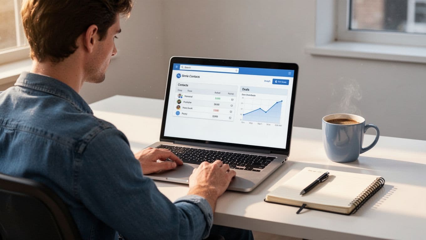 Modern illustration of a person at a desk setting up an Airtable base on a laptop screen, showing simple tables for contacts and deals. Clean desk with notebook and coffee mug nearby, focused workspace with warm lighting.