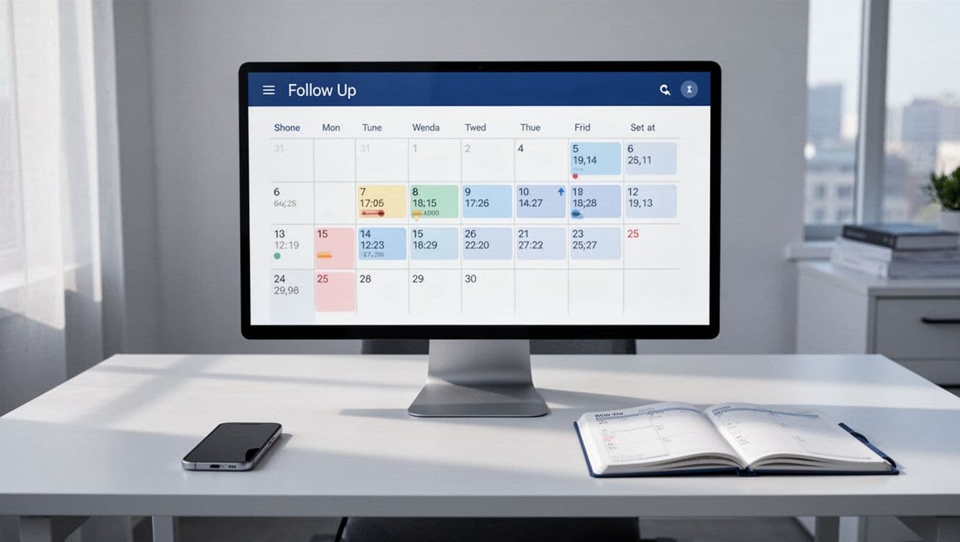 Modern illustration featuring a clean Airtable calendar view highlighting client follow-up dates, paired with a desk setup including phone and planner under soft office lighting.