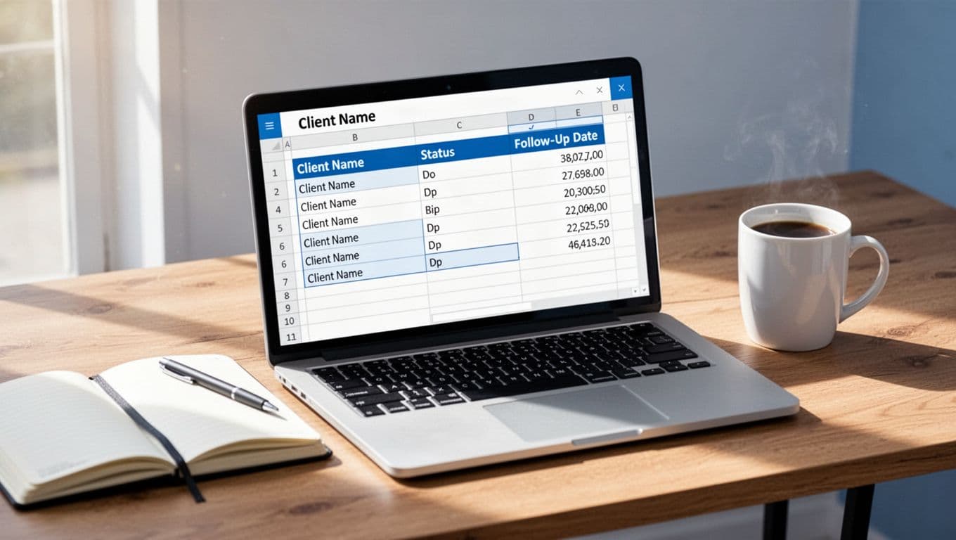 Modern illustration featuring a laptop on a wooden desk displaying an Airtable table with columns for client name, status, and follow-up date, accompanied by a notebook and coffee mug under natural daylight.