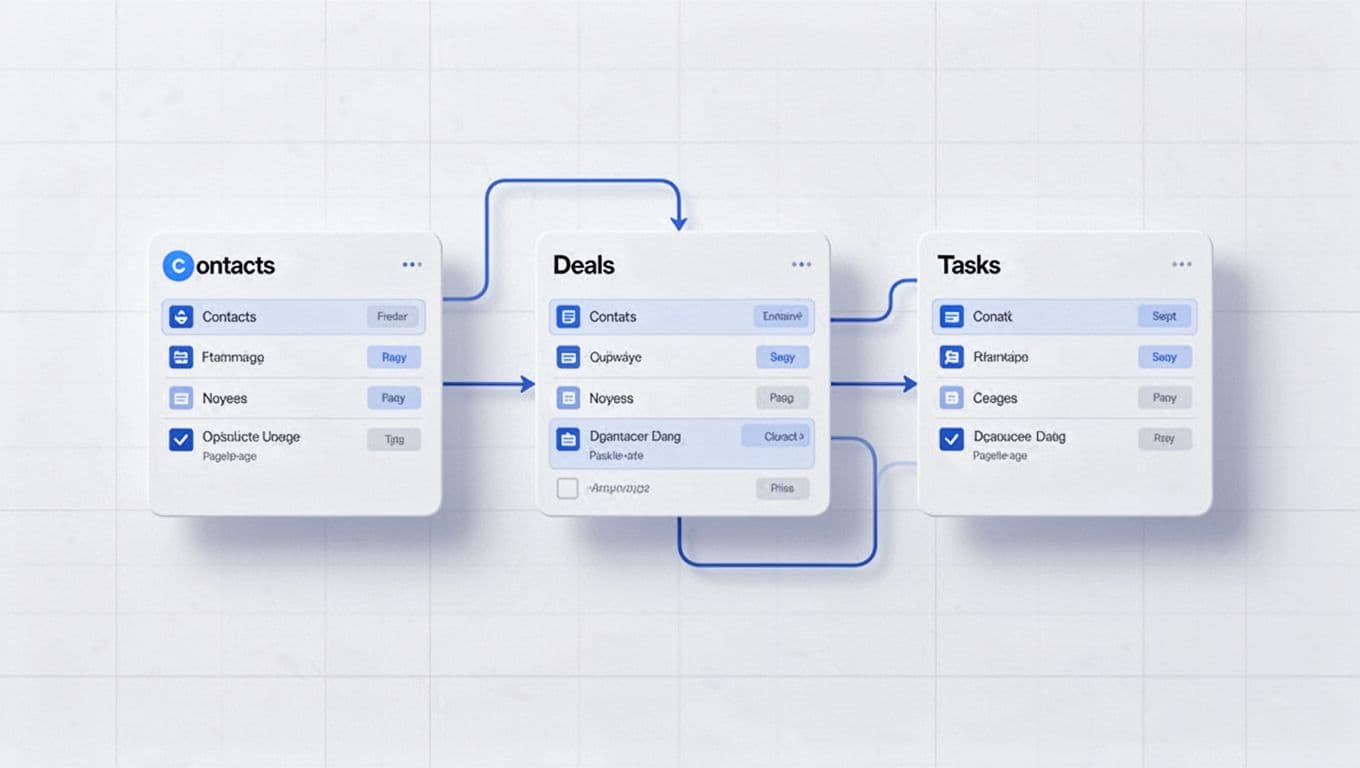 Modern illustration showing linked Airtable tables: Contacts, Deals, Tasks with relationship lines connecting them. Simple grid layout on screen, icons for each table, minimalist background in blues and whites.
