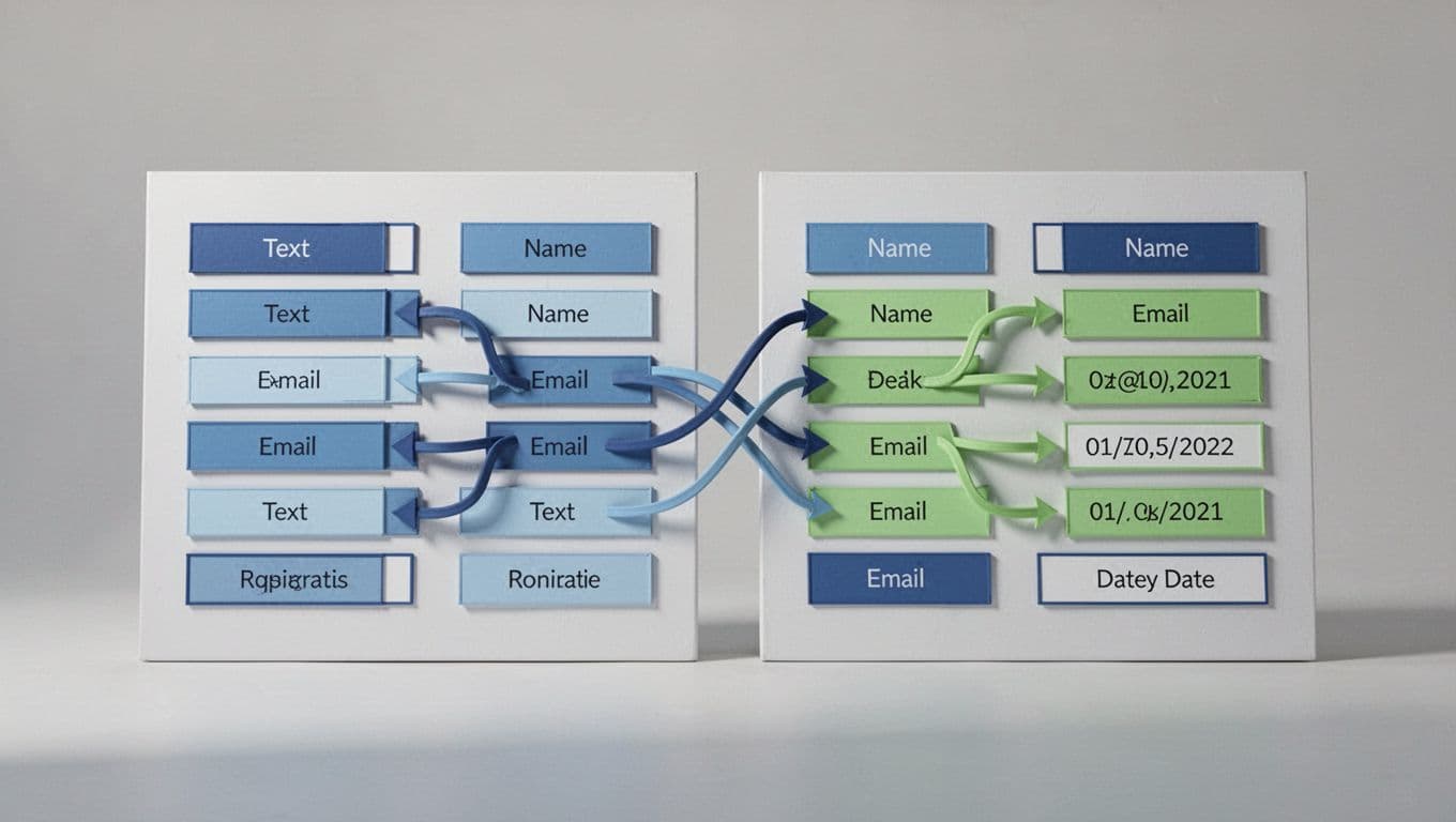 Modern illustration showing field mapping between Airtable record fields and Google Sheets columns with arrows connecting data types like text, name, email, and date.