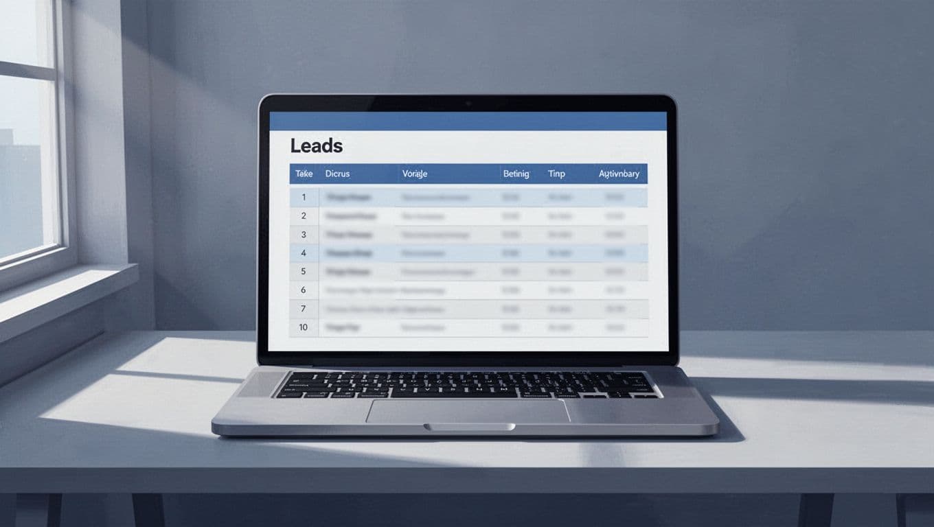 Modern illustration of a laptop centered on a simple desk, displaying a blurred Airtable leads table with columns for Name, Email, Service Type, Location, Company Size, Status, and sample rows. Clean blues and grays palette with soft side window lighting, strong composition, no people or readable text.