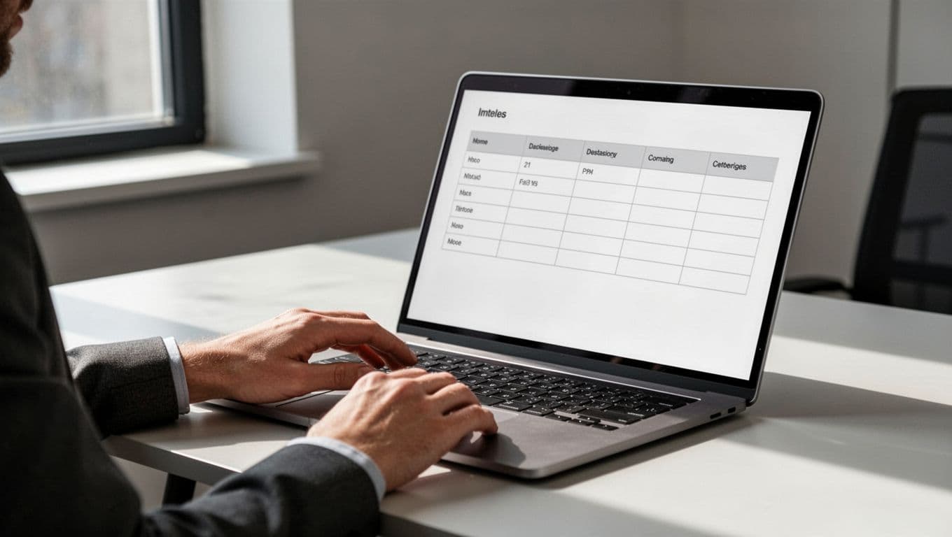Modern illustration of an Airtable table view with leads columns for Name, Email, Status, and Next Action, displayed on a laptop screen at a slight angle with a freelancer's hand nearby.