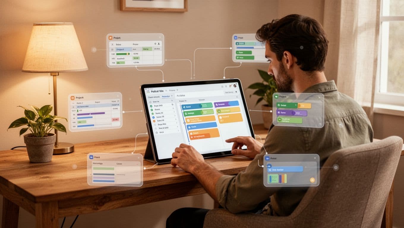 Modern illustration depicting interconnected Airtable tables linking Leads to Clients to Projects, with a kanban board dashboard viewed by a freelancer on a tablet in a cozy workspace.